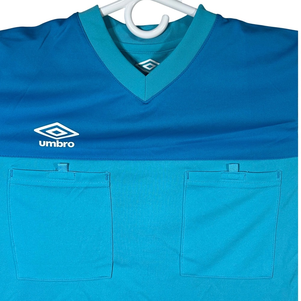 Umbro Referee Jersey Blue Turquoise V-Neck Short Sleeve Pockets‎ Men Size S NWT